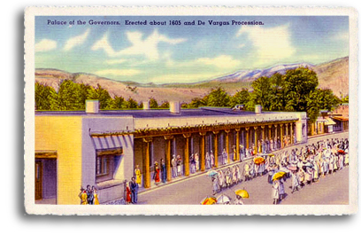 This vintage postcard depicts a parade known as the De Vargas Procession taking place in front of the Palace of the Governors in downtown Santa Fe, New Mexico. Just north of the Santa Fe Plaza, this adobe structure was erected around 1605 and is steeped in New Mexico history.